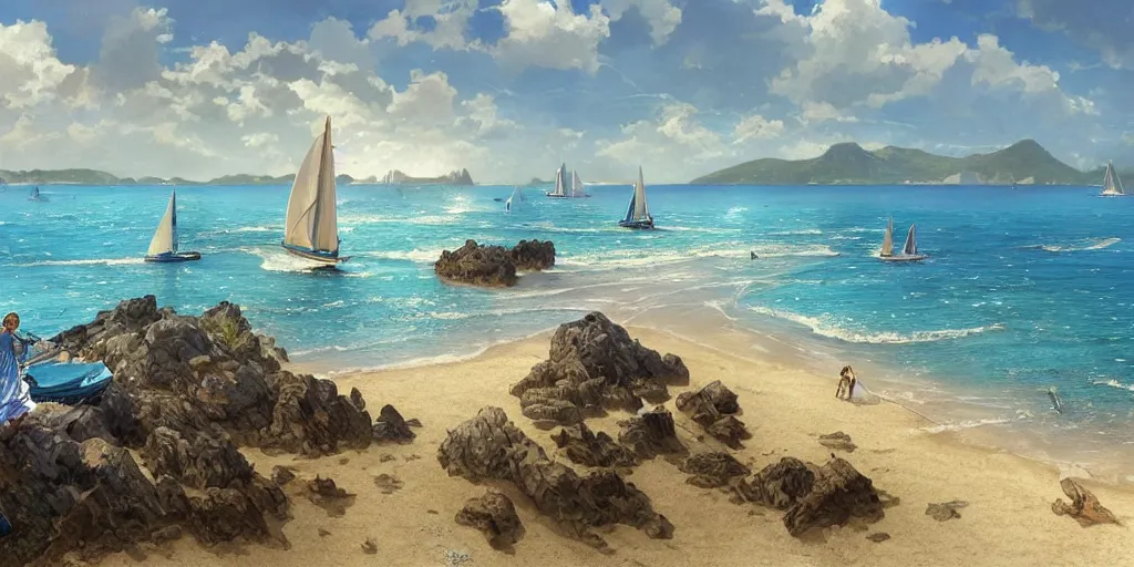Image similar to ultra realistic illustration,, a beach in tanzania with sailboats in the distance, tropical blue water intricate from baldurs gate, elegant, highly detailed, digital painting, artstation, concept art, smooth, sharp focus, illustration, art by artgerm and greg rutkowski and alphonse mucha