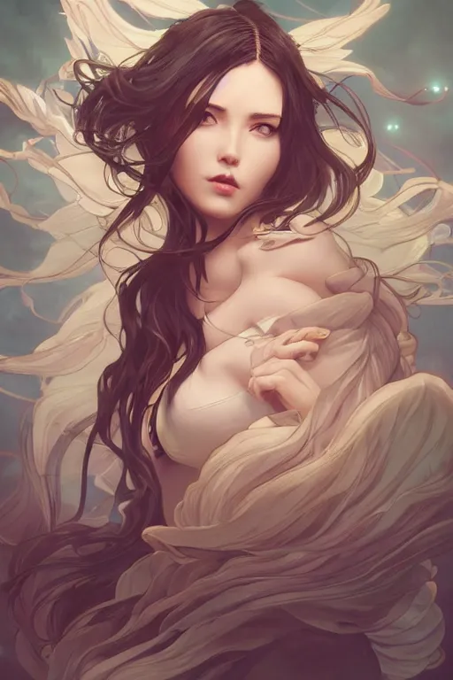 Image similar to full body windy hair zero gravity seductive meditation goddess in the style of artgerm, wlop, greg rutkowski, alphonse mucha and ayami kojima, realistic details, volumetric lighting, very very very very beautiful symmetrical face, trending on artstation, artstationhd, artstationhq, unreal engine, 4 k, 8 k