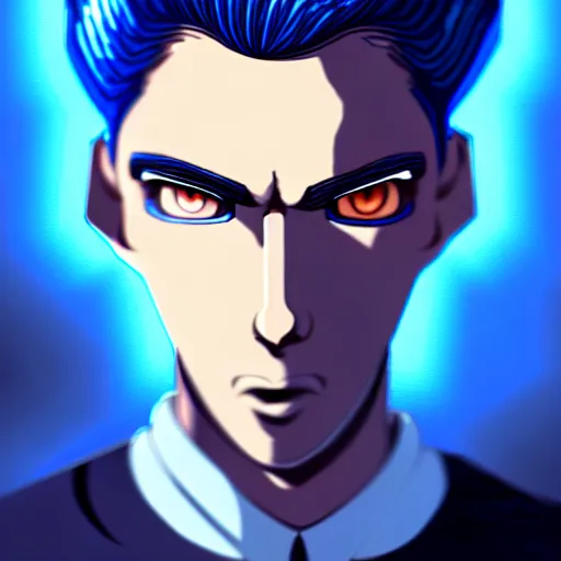 Prompt: a highly detailed portrait of a man with navy blue hair and blue glowing eyes, blue transparent cubes in backround, high detail clothing, concept art, anime, artstation, professional drawing