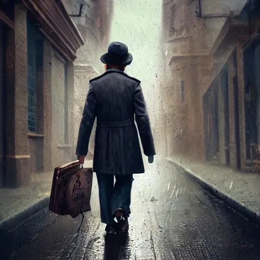 Prompt: halfling private investigator walking down a Victorian rainy alley in a trenchcoat , artstation, detailed, hyper realistic, 8k, digital art, cinematic