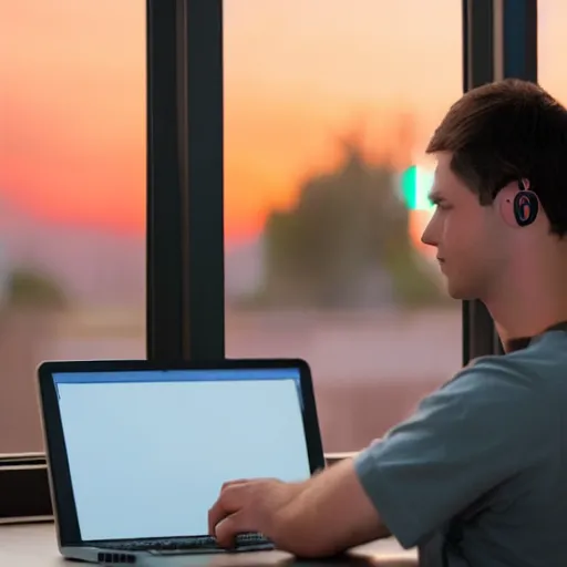 Prompt: friendly avatar computer programmer working late at night sunset outside window headphones terminal