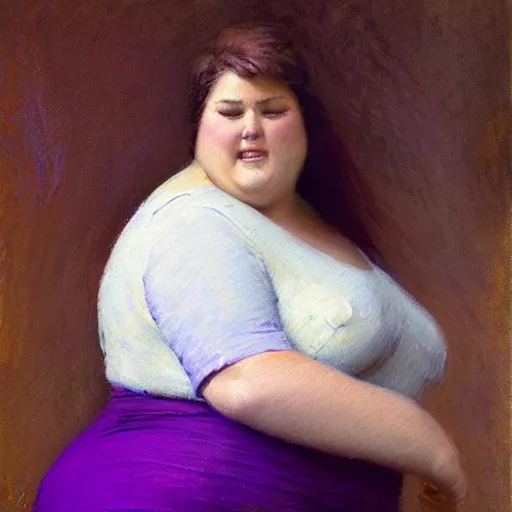 Image similar to a woman in a purple shirt with an obese body type, painting by Gaston Bussiere, Craig Mullins