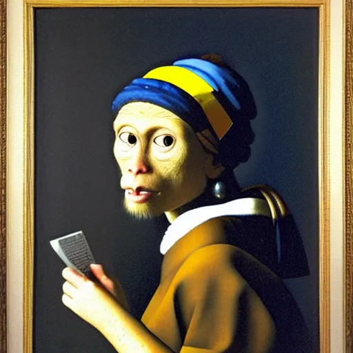 Prompt: a philosopher monkey lost deep in thought, portrait, by vermeer