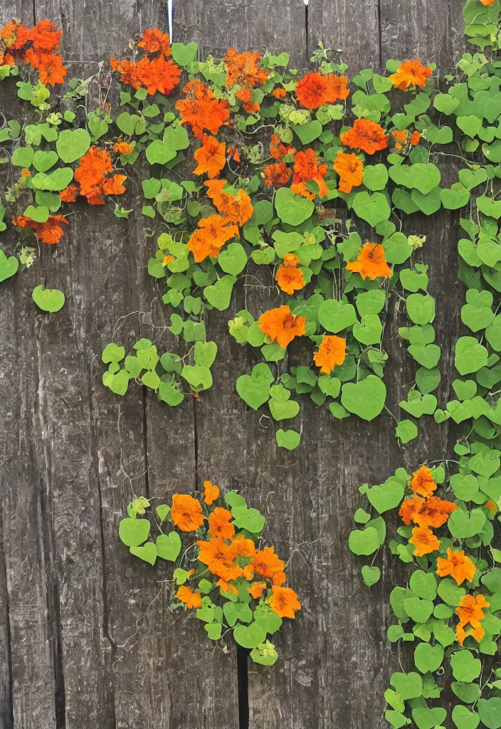 Image similar to award winning surrealist artwork about entangled sunflowers and falling nasturtiums with vines on a wooden fence in the sky