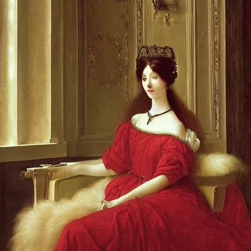 Prompt: a very very beautiful portrait of a young beautiful wealthy princess inside a very beautiful room by Frank Cadogan Cowper, graceful gaze, dreamlike, ethereal, surrealism