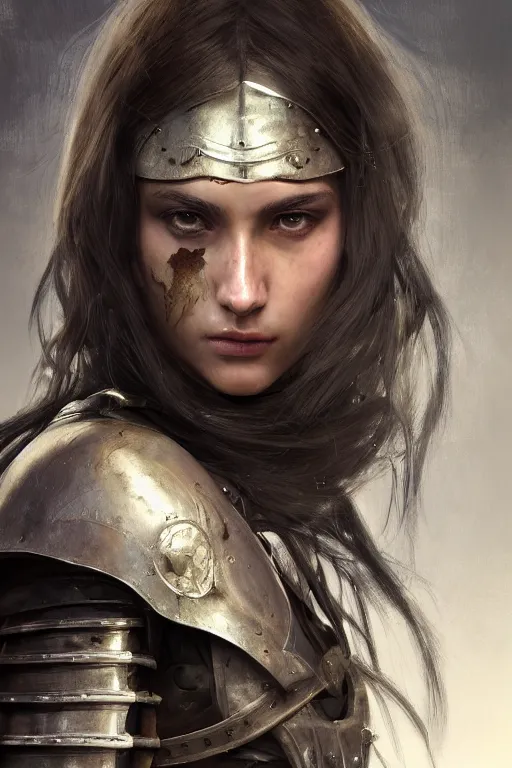 Image similar to a photorealistic painting of an attractive young girl, partially clothed in battle armor, olive skin, long dark hair, beautiful bone structure, symmetrical facial features, perfect eyes, intricate, elegant, digital painting, concept art, award winning illustration, sharp focus, minimal artifacts, from Metal Gear, in the style of Ruan Jia and Mandy Jurgens and Greg Rutkowski, trending on Artstation