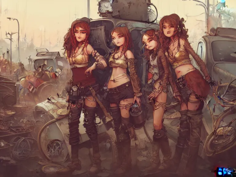 Image similar to group of 4 scavenger girls in a junkyard, steampunk, gritty, dirty, rusty, high fantasy, detailed faces, sharp focus, high detail, smooth, digital illustration, by rossdraws, artstation