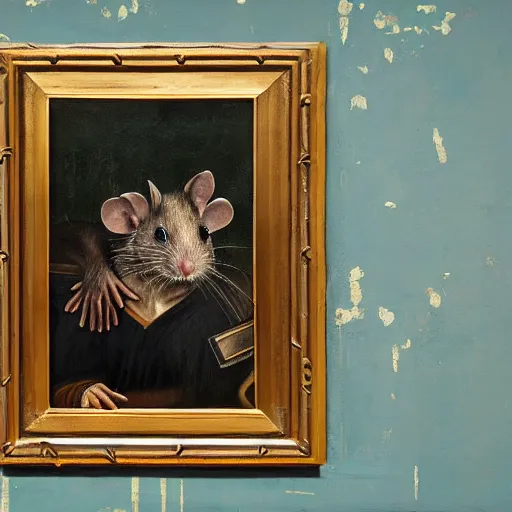 Prompt: painting of a rat!!!!!!!!!!!!!, painting of a rat!!!!!!!!!!!!! high definition picture of a painting of a rat with a rat head, on a wall, with only the body of the ( ( ( ( ( ( mona lisa ) ) ) ) ) )