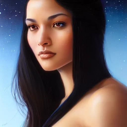 Prompt: a portrait of a very BIPOC beautiful woman in a spacesuit, brown eyes, shoulder-length black hair, Alexandria's genesis, bored, illustration, soft lighting, soft details, painting oil on canvas by mark arian by artgerm, trending on artstation, 4k, 8k, HD