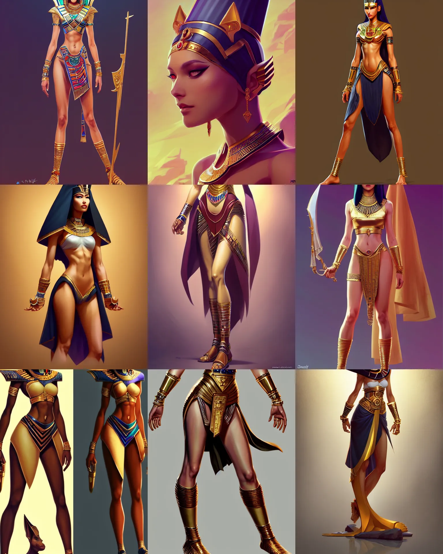 Prompt: full body character concept art of a gorgeous stylish female pharaoh | | distinct - fine, key visual, realistic shaded perfect face, fine details by stanley artgerm lau, wlop, rossdraws, james jean, andrei riabovitchev, marc simonetti, sakimichan, and jakub rebelka, trending on artstation