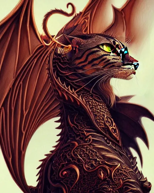 Image similar to A cat with dragon wings, digital art, intricate fire designs, elegant, highly detailed, sharp focus, art by Artgerm and Greg Rutkowski and WLOP