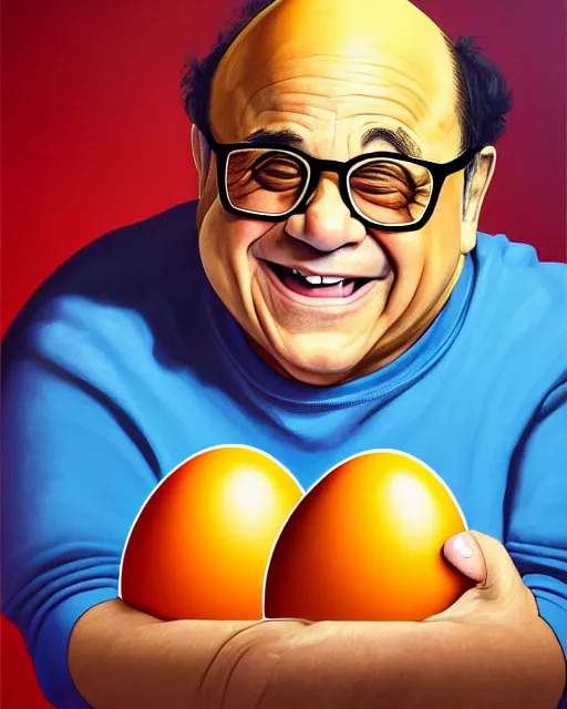 Image similar to painting portrait of danny devito as an egg, cartoon, warm lighting, danny devito has an egg body, movie poster, illustration by bartek fedyczak, erak note, tooth wu, neil richards, kan liu, siwoo kim, jisu choe, trending on art station