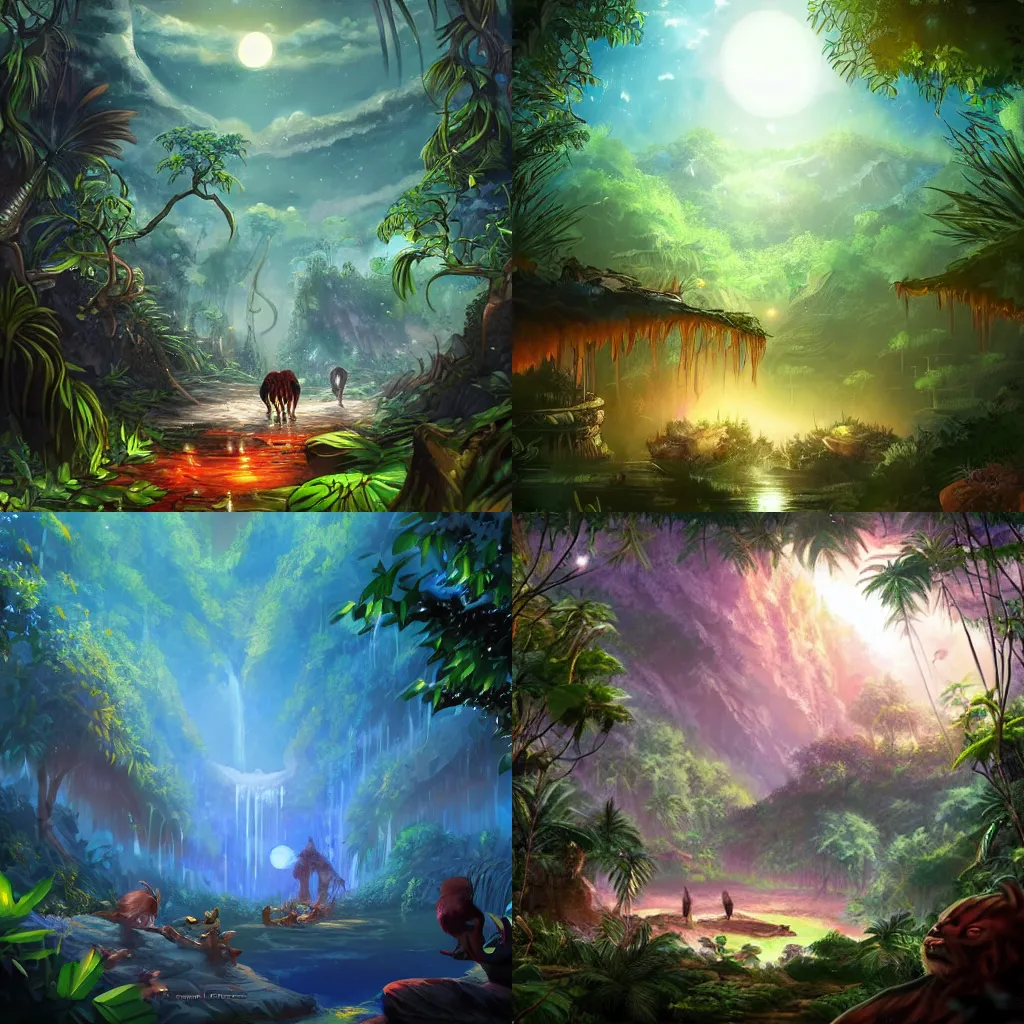 Prompt: « a game very beautiful and epic background illustration of a jungle, full of dangerous creatures, at night with the sky full of beautiful stars, in digital painting and anime style, trending in artstation »