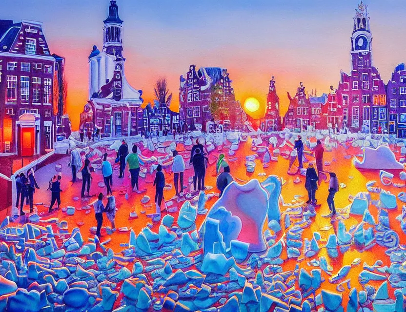 Image similar to a painting of a ice sculpture made of melting icecream in the shape of the skyline of amsterdam museum square and amsterdam houses on a very sunny bright summer sunset day, very hot and the ice is melting fast and people are swimming in the icecream in the style of james jean and fernando botero