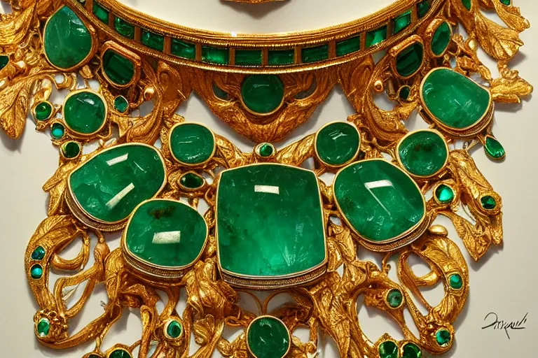 Prompt: highly detailed oil painting, front view, very realistic gemstones, art nouveau, ornate, delicate, brilliant emerald choker, necklace on display, dramatic light,