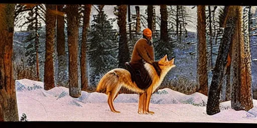 Prompt: man riding a wolf. photo from national geographic. art by ivan shishkin