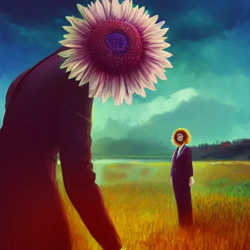 Prompt: giant daisy flower covering head, frontal, a girl in a suit, surreal photography, sunrise, dramatic light, impressionist painting, digital painting, artstation, simon stalenhag