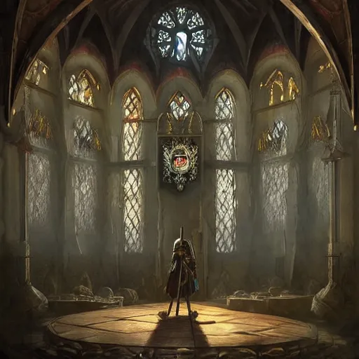 Prompt: a knight from the crusades wielding a big sword, interior of a medieval castle, amazing throne room, volumetric lighting, dramatic, sharp focus, wide angle, huge circle stained window, shadows, dust and particles, artstation, by peter mohrbacher, greg rutkowski, john howe, digital art, concept art, matte painting