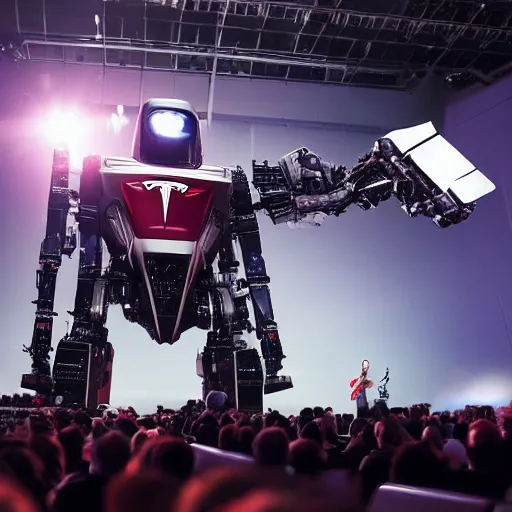 Image similar to Elon Musk presenting a giant mecha robot to an audience, Tesla Presentation, Professional photography, 8K