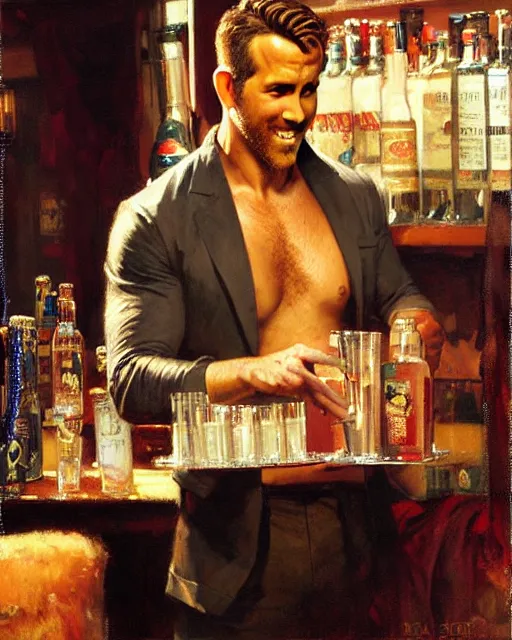 Prompt: ryan reynolds mixing drinks painting by gaston bussiere, craig mullins, j. c. leyendecker, tom of finland