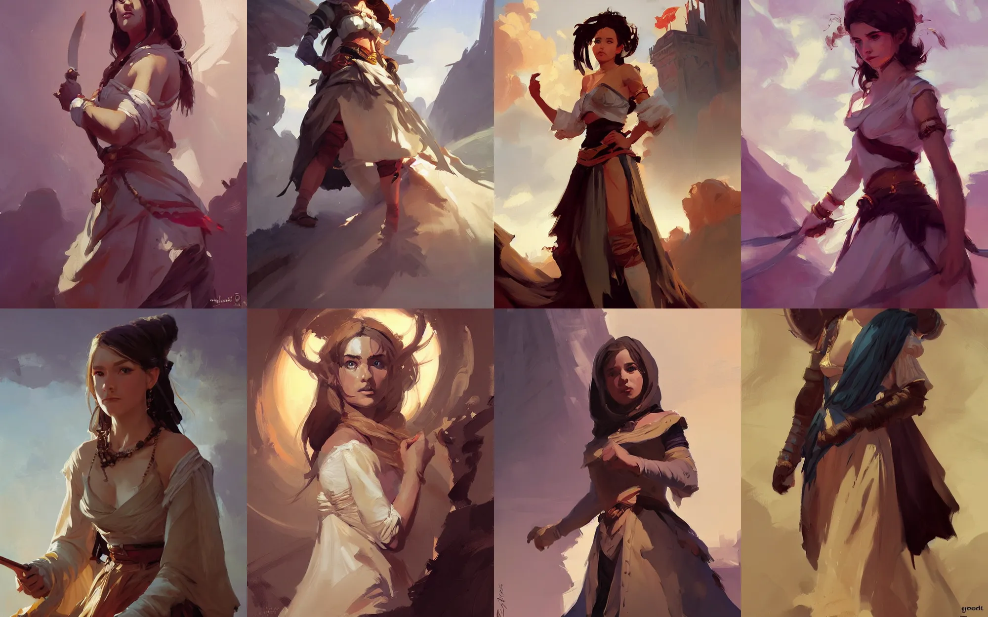 Prompt: portrait of nomad young girl in dress cloth greg manchess portrait painting of bard, d & d, fantasy, medium shot, asymmetrical, intricate, elegant, matte painting, illustration, hearthstone, by greg rutkowski, by greg tocchini, by james gilleard, by joe fenton