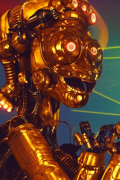 Image similar to portrait photo of a giant huge golden and blue metal humanoid steampunk cyborg female with a human face singing with mouth open and gears and tubes, in the foreground is a big red glowing microphone, eyes are glowing red lightbulbs, shiny crisp finish, 3 d render, 8 k, insaneley detailed, fluorescent colors, background is multicolored lasershow