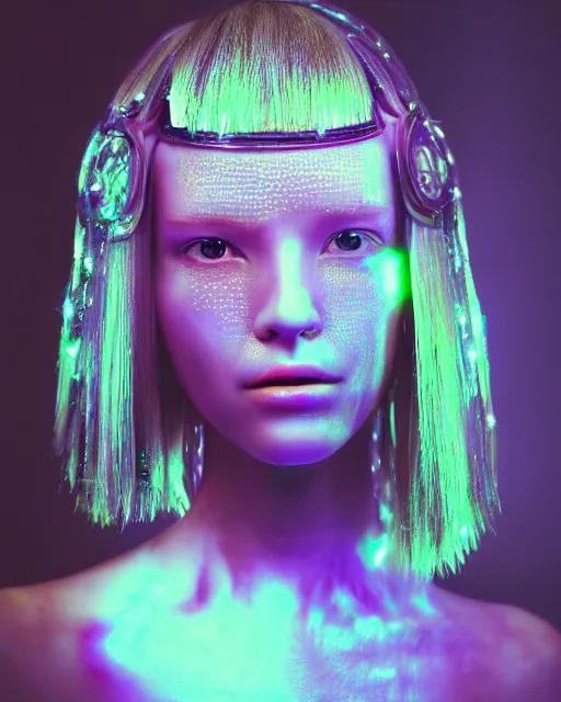 Prompt: soft focus portrait of an android with soft synthetic skin, bioluminescent plastics, smooth shiny metal plates, elaborate head piece, piercings, skin textures, by annie liebovotz,