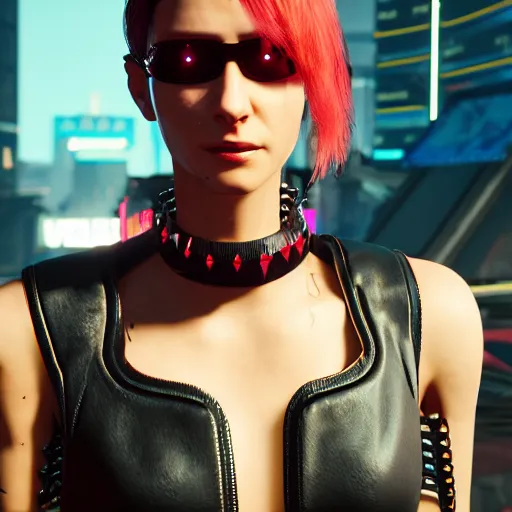 Image similar to female V from Cyberpunk 2077 wearing spiked steel choker, steel collar, steel choker, punk, steel collar, 4K, realistic, spiked collar, portrait, art, beautiful,