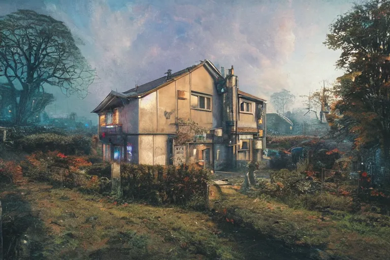 Prompt: cyberpunk, an estate agent listing external photo of a 5 bedroom detached house in the countryside, by Paul Lehr, highly detailed, photorealistic, 8k, anamorphic, cinestill cinematrography