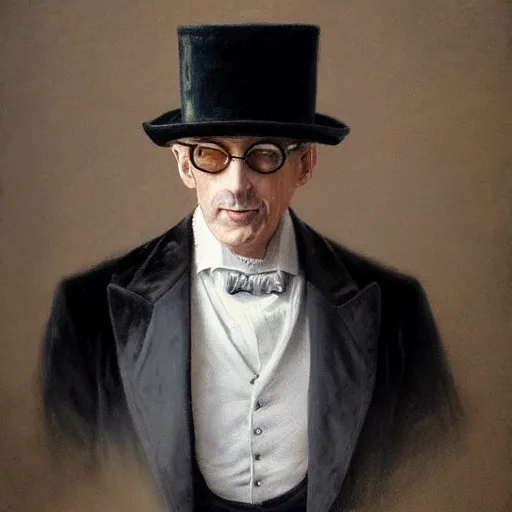 Prompt: A man in his forties dressed in an old velvet suit wearing a top hat, bald, round yellow glasses, clean shaven, an oil painting, by Greg Rutkowski, trending on artstation