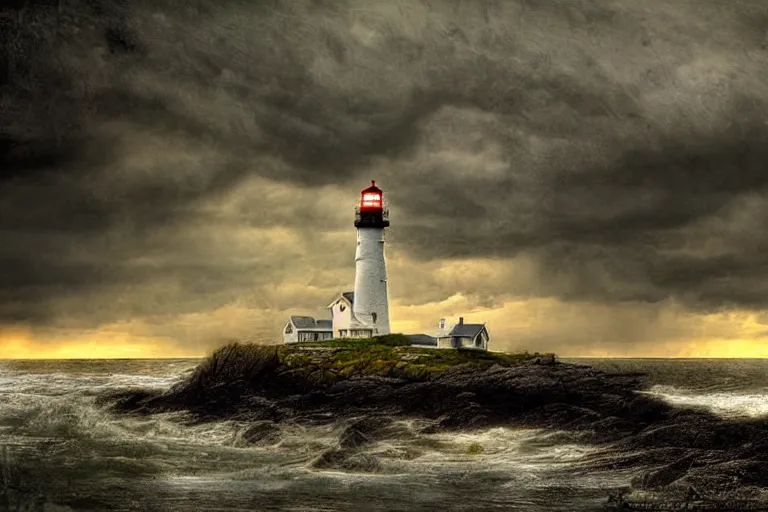 Prompt: hdr lighthouse cove in new england, stormy matte painting by andrea kowch, detailed realistic