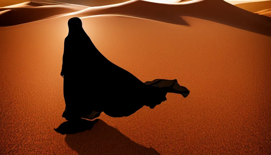 Image similar to arab woman in niqab floating mid - air in the desert, light, shadows, rippling reflections, steam, epic composition, intricate, elegant, volumetric lighting, digital painting, highly detailed, artstation, sharp focus, illustration, concept art, ruan jia, steve mccurry