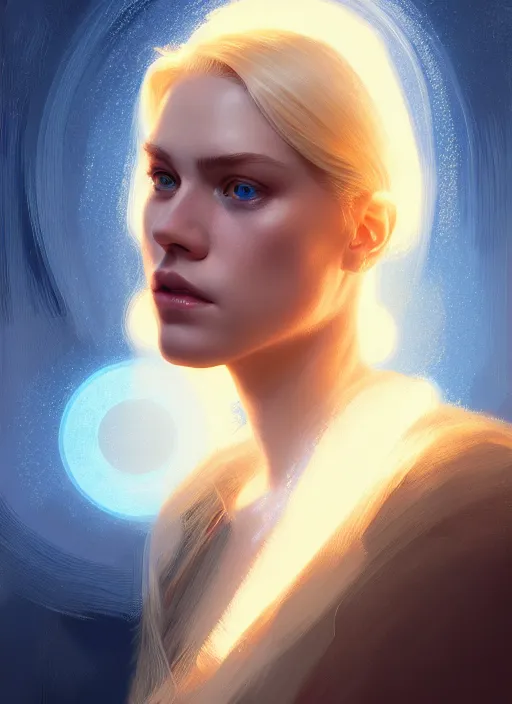 Image similar to portrait of casey cott with blonde hair, blonde hair, blue eyes, intricate, elegant, glowing lights, highly detailed, digital painting, artstation, concept art, smooth, sharp focus, illustration, art by wlop, mars ravelo and greg rutkowski