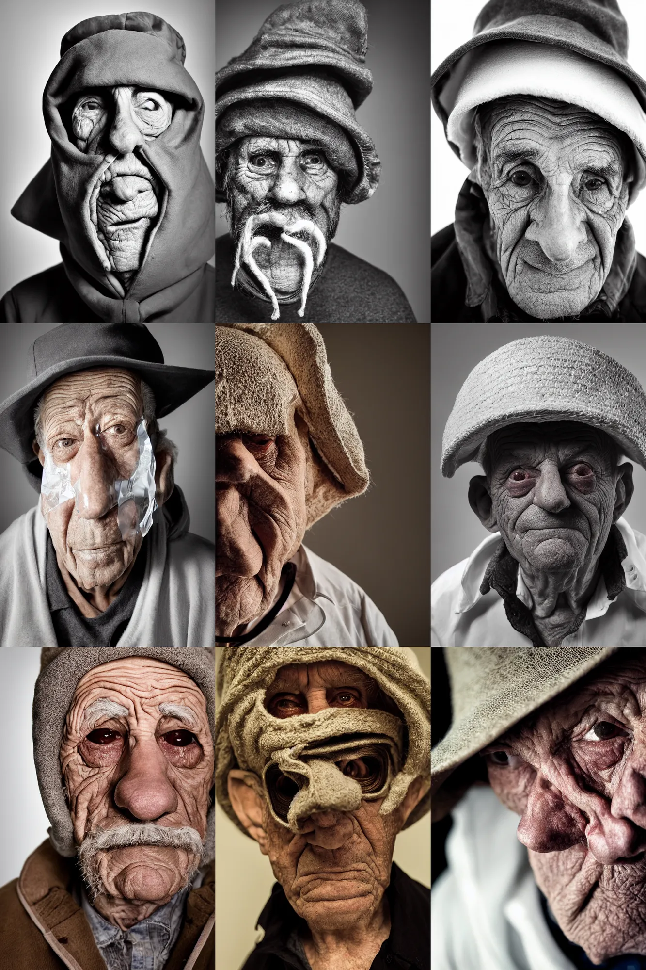 Prompt: high contrast studio close - up portrait of a wrinkled old man wearing a pulcinella mask, clear eyes looking into camera, baggy clothing and hat, backlit, dark mood, nikon, photo by joe mcnally, masterpiece