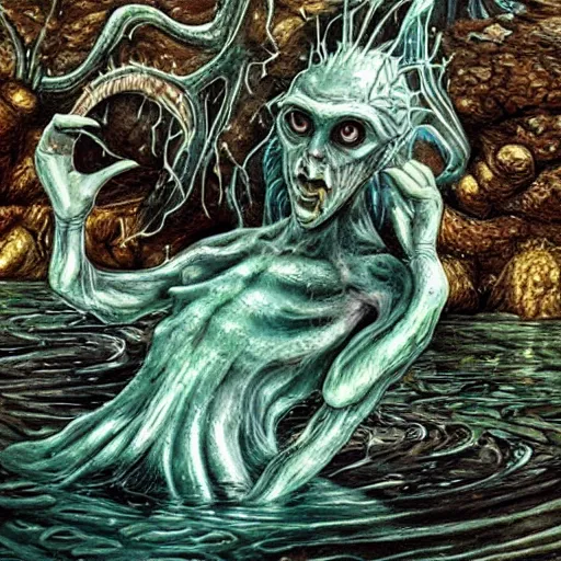 Image similar to creepy merfolk monster, slimey, wet, disturbingly long fingers, crawling up from shallow water, atmospheric, highly detailed, reflections