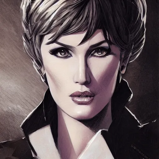 Image similar to portrait of modesty blaise, epic, fantasy, dieselpunk, hd shot, digital portrait, beautiful, artstation, comic magazine style, pencil drawing, by artgerm, guy denning, jakub rozalski, magali villeneuve and charlie bowater