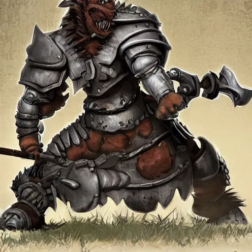 Prompt: raging armored bugbear wielding rusty cleaver grappling gnoll wayne reynolds