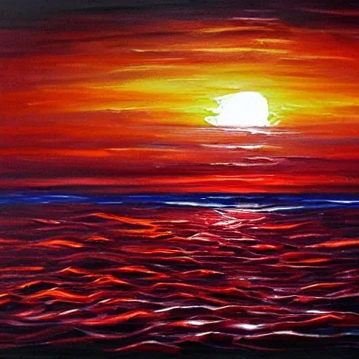 Prompt: a beautiful sunset in dark red colors, high detail oil painting