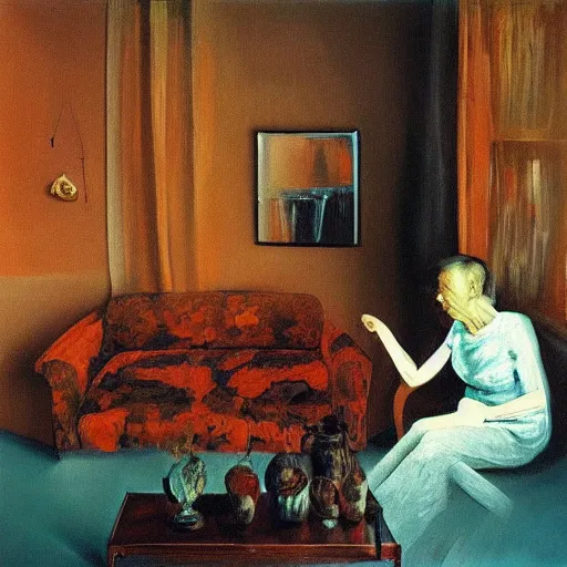 Prompt: high quality high detail painting of a old couple in a soviet living room by lucian freud and zdzislaw beksinski and francis bacon, hd, dark atmosphere, turquoise and orange
