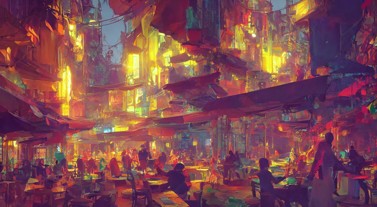 Image similar to bazaar zouk oriantal multicolorful sky shine place mosquet painting stylized digital video game icon global illumination ray tracing 8 k hd resolution, by ilya kuvshinov and cushart krentz and gilleard james