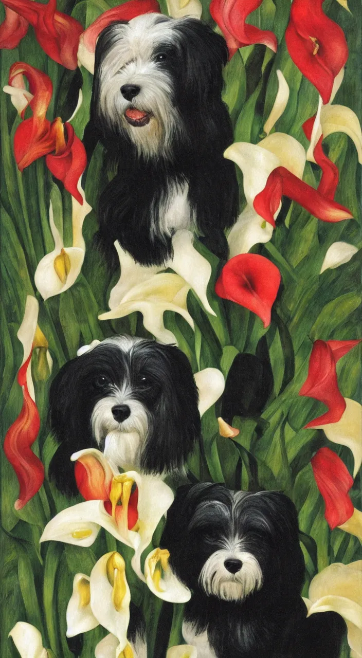 Image similar to portrait of a havanese dog with calla lillies, mexico, painting # by diego rivera 1 9 3 5