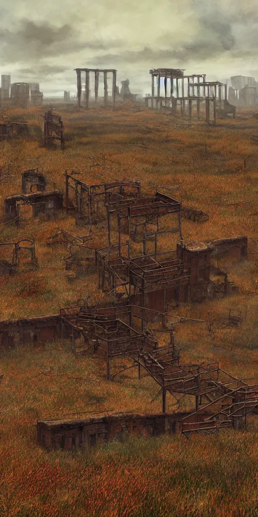 Image similar to rusty broken building constructions of a giant staircase for multiple cases, leading to the sky, the ruins, in the steppe, autumn field, misty background, from the game pathologic 2, highly detailed, sharp focus, matte painting, by isaac levitan and asher brown durand,