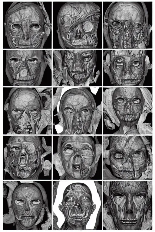 Image similar to latin facial anatomy with gunmetal grey skin, medical anatomy, very symmetrical face, highly detailed, three - perspective / three - view reference sheet ( front / back / side ), in the style of dan ouellette, steven jung, amanda lilleston, hr giger, sil from species, dren from splice, mecha, artstation, unreal engine