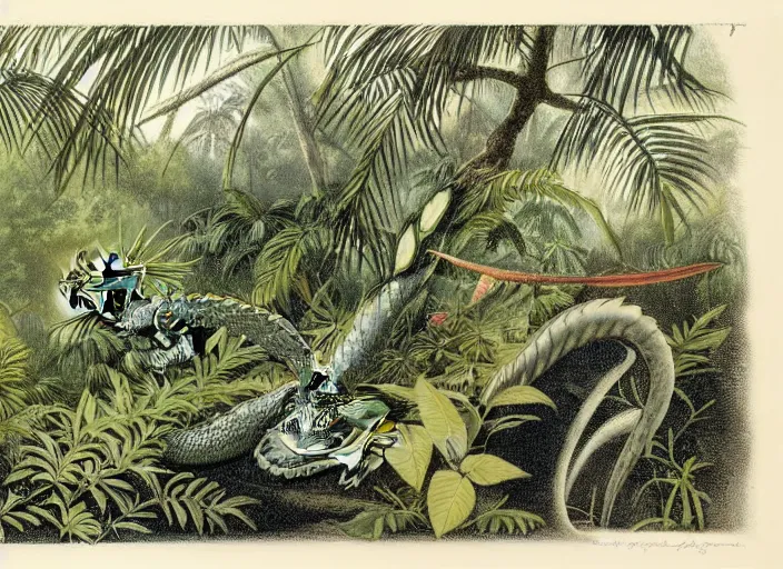 Image similar to a dragon in a tropical forest, john james audubon, vintage botanical, intaglio