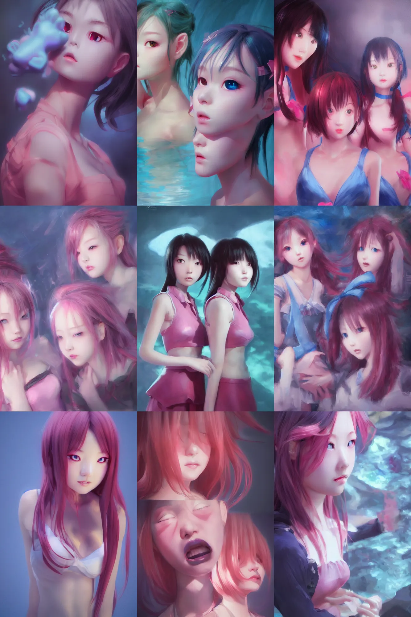 Image similar to 3d dark infrared octane render concept art by D. Jun, by Mo Xiang Tong Xiu, by Igarashi Daisuke, beauty portrait anime schoolgirls under dark pink and blue water. cute face. dramatic light, trending on artstation, oil painting.