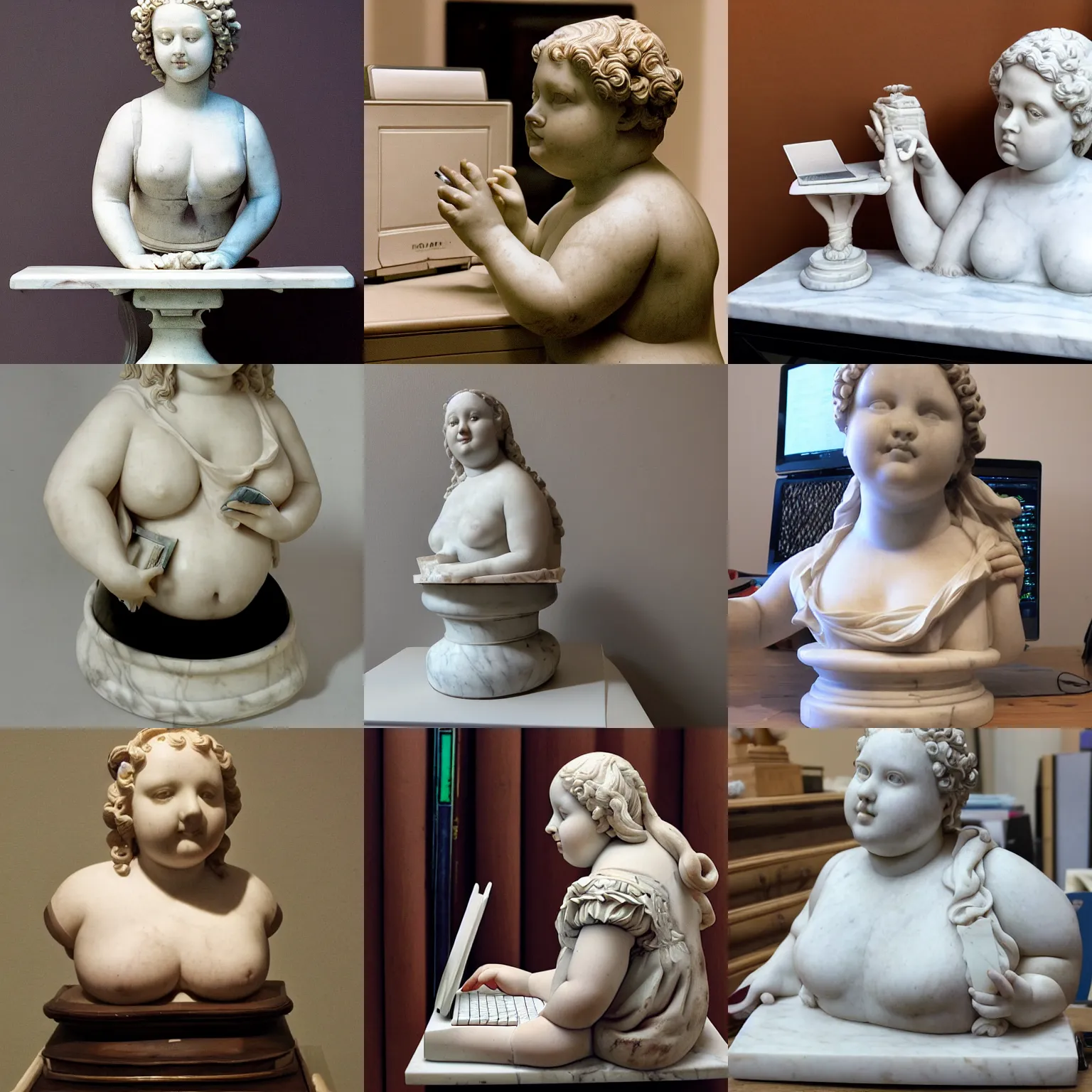 Prompt: a renaissance marble sculpture of one chubby girl with glasses typing in front of a desktop pc