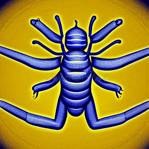 Image similar to human man that resembles a wasp morh in surreal sketch style, blue and yellow gradient, noise, ultrafine detail, hd 8k, logo illustration