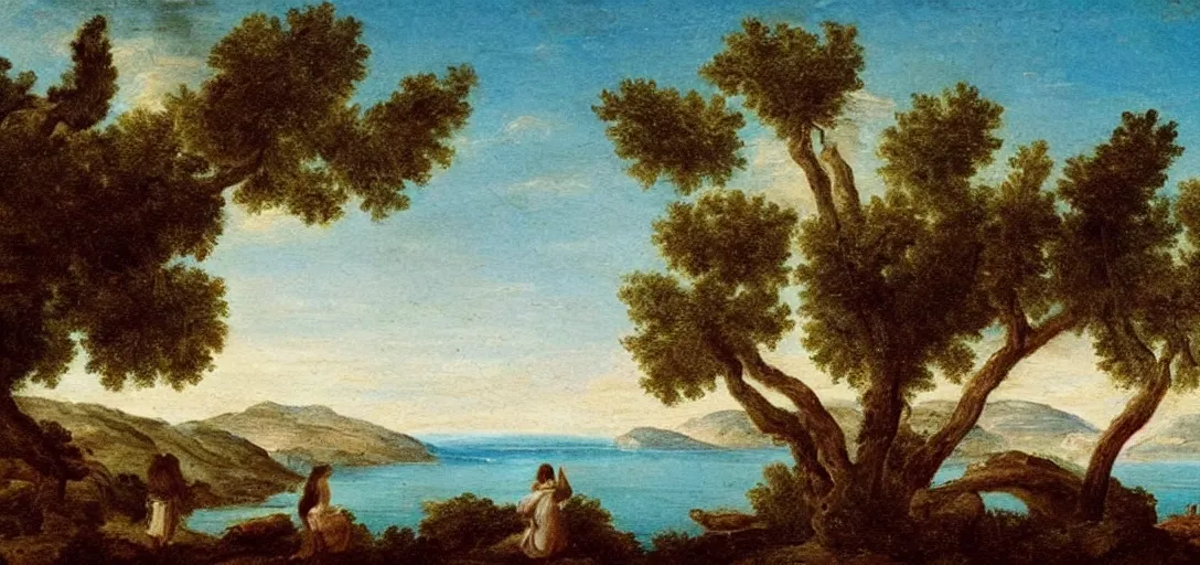 Prompt: 1 7 th century oil painting of a greek island! dreamy! landscape! olive trees!! woman in a long white dress silhouette!! in the distance on the island! blue sea!!