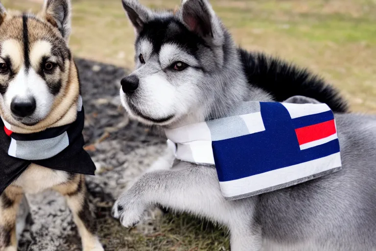 Image similar to A grey pegasus pony wearing a black and grey striped scarf sitting beside a shiba inu dog wearing a french flag bandana around their neck