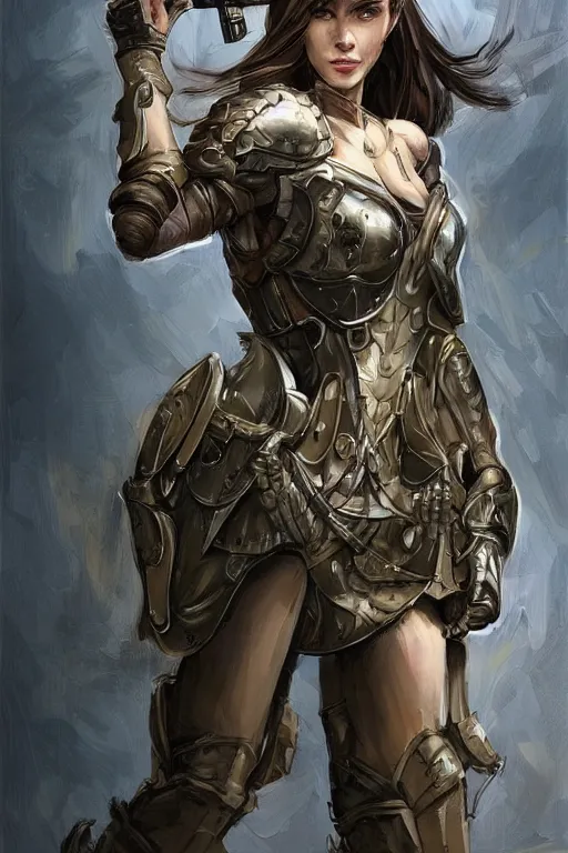 Image similar to a finely detailed portrait of an attractive young woman, clothed in military-style battle armor, shoulder mounted gun, olive skin, long dark hair, beautiful bone structure, symmetrical facial features, intricate, elegant, digital painting, trending on Artstation, concept art, smooth, sharp focus, illustration, from Metal Gear by Ruan Jia and Mandy Jurgens and Artgerm and William-Adolphe Bouguerea, award winning